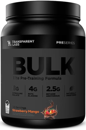 [BRSREGA2BZ6AGYIZ] Transparent Labs Bulk Black Pre Workout - Clinically Dosed, Sugar Free Preworkout for Men and Women with Beta Alanine Powder, Citrulline Malate, & Caffeine Powder- 30 Servings, Strawberry Mango
