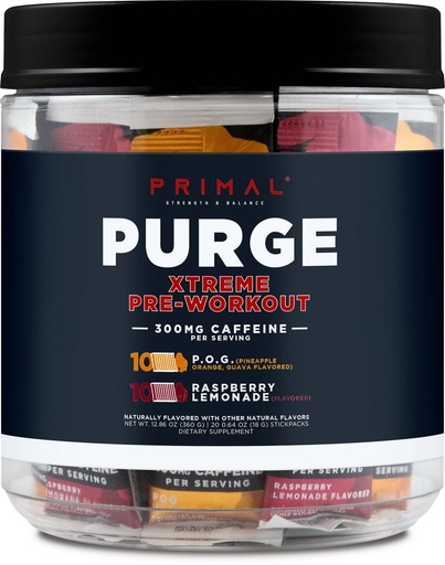 [BRSREYIZDNYA4CQ4] Primal Purge Xtreme Pre-Workout Variety Pack, Pineapple Orange Guava (POG) + Raspberry Lemonade Flavored (20 Stickpacks) - 300mg Caffeine Per Serving