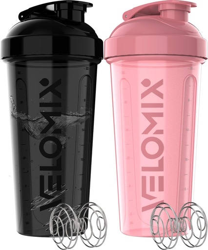 [BRSREYAHAV7W22A2] VELOMIX -2 Pack- 28 oz Protein Shaker Bottles for Protein Mixes - 2x Wire Whisk | Leak Proof Shaker Cups for Protein Shakes and Pre Workout | Protein Shaker Bottle Pack (A7) Mixed Flowers