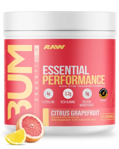[BRSRAHA7OUCQO3Q6] RAW Essential Performance Non-Stim Pre-Workout Powder - Preworkout for Endurance Strength & Focus without Caffeine or Stimulants - Creatine Monohydrate, L-Citrulline & Beta Alanine - Citrus Grapefruit