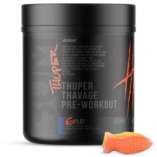 [BRSRABQ7OIBQ2ETU] RAW Thuper Thavage Pre Workout Powder - High-Stim Preworkout with Creatine, Beta Alanine, L-Citrulline & Caffeine - Chris Bumstead Gym & Fitness Supplement for Men & Women - 6 Peat (Red Gummy)