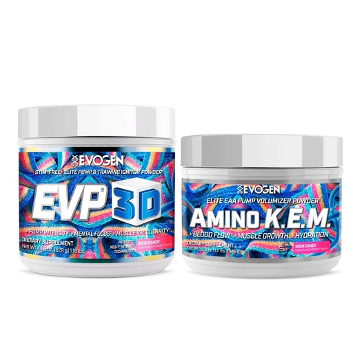 [BRSRGYANDMBQMFLL] Evogen EVP 3D Amino K.E.M. Bundle – Stim Free Pre Workout Powder & EAA/BCAA Pump Volumizer for Muscle Growth, Hydration & Performance | Sour Candy