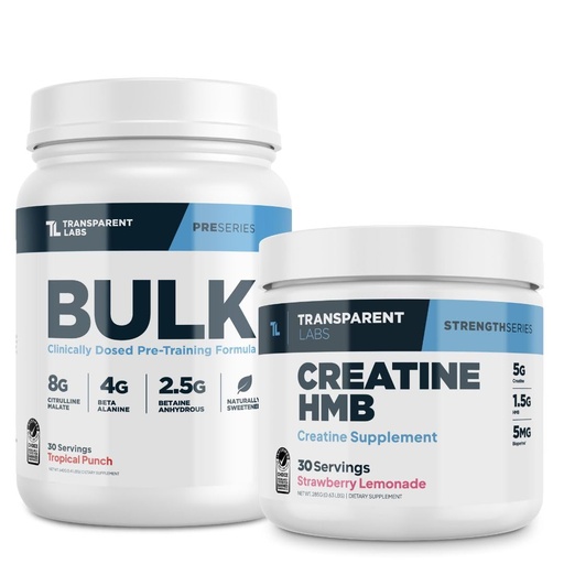 [BRSRE2Q6OAHRMC3Z] Transparent Labs Bulk Pre-Workout (30 Servings, Tropical Punch) & Creatine HMB (30 Servings, Strawberry Lemonade)