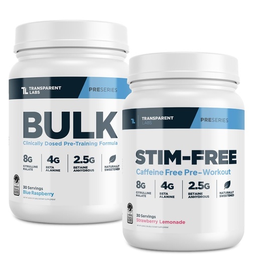 [BRSRE23QDEBBSDTO] Transparent Labs Bulk Pre-Workout (30 Servings, Blue Raspberry) & Stim-Free Pre-Workout (30 Servings, Strawberry Lemonade)