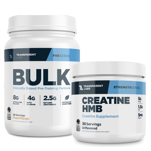 [BRSRE2Q3ABYRGCTD] Transparent Labs Bulk Pre-Workout Powder (30 Servings, Peach Mango) & Creatine HMB (30 Servings, Unflavored)
