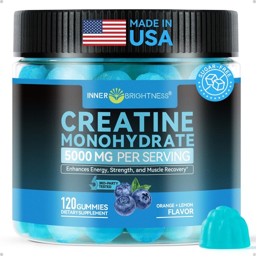 [BRSRGHTYOICAAA3A] Creatine Gummies for Women & Men - 5000mg Pure Creatine Monohydrate Chewables - Sugar Free Pre Workout Gummies for Muscle Growth & Recovery - Vegan, Blueberry, 120 Count (30 Servings)