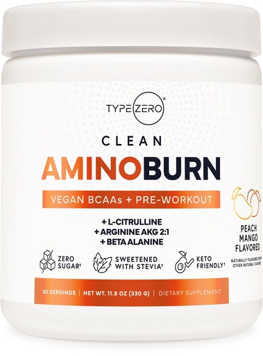 [BRSROZQKB4GQAHTF] Type Zero AminoBurn - Natural Pre Workout + BCAA (Peach Mango | 30serv) Sugar Free BCAAs Amino Acids Supplement Keto and Amino Preworkout and Post Workout Drink