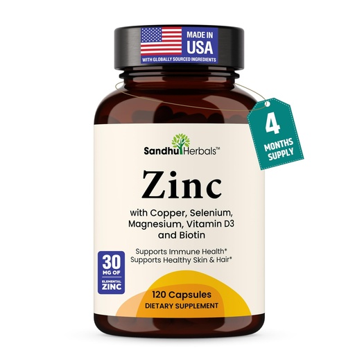 [BRSREAADBAIW2E3V] Zinc 30mg With Copper, Selenium & Vitamin D3 | 120 Capsules | Magnesium, Vitamin B6, Biotin | Absorbable Zink Supplements for Men & Women | Chelated Zinc for Immune Health, Skin, Hair, & Nails Support