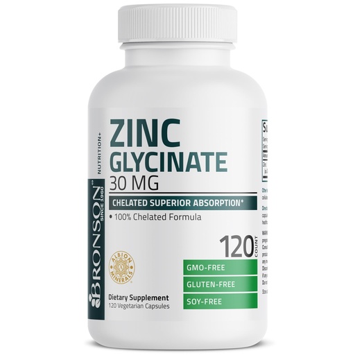 [BRSREBL4BENREDT6] Bronson Zinc Glycinate 30mg Chelated Superior Absorption 100% Chelated Formula Non-GMO, 120 Vegetarian Capsules