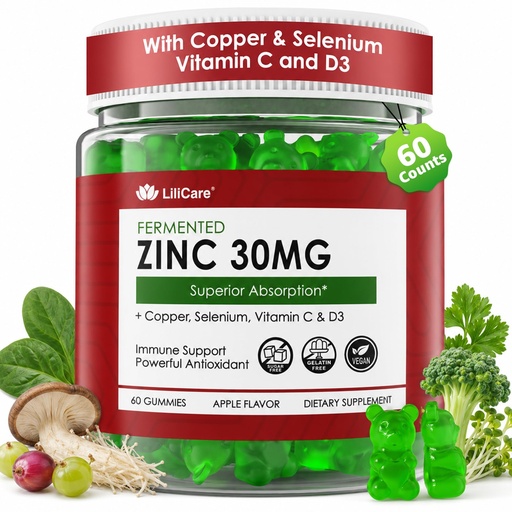 [BRSRAGIPBN5GEDTJ] Zinc Gummies + Copper, Selenium, Vitamin C & D3, Fermented Zinc Supplements for Women & Men with Elderberry for Daily Immune Support, Powerful Antioxidant, Superior Absorption, Vegan, No Sugar, 60 Cts