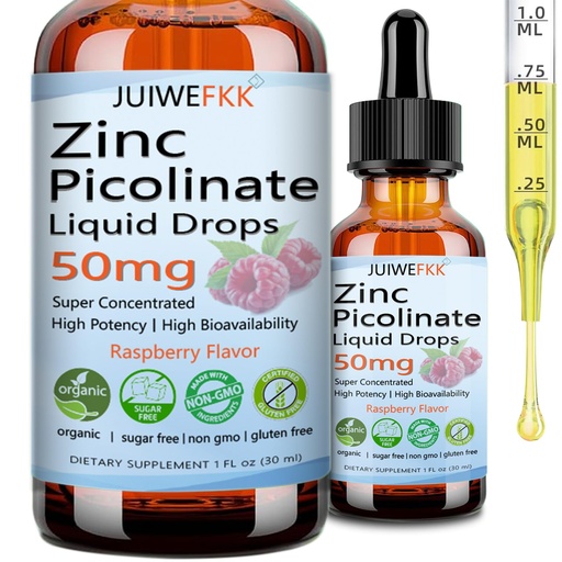 [BRSREAT3CF5G2GTA] Zinc Picolinate 50mg Liquid Drops, Chelated Zinc Supplements for Men Women Kids Support Immune Skin Eye Health & Enzyme Function, Liquid Zinc Raspberry Flavor, Vegan Non GMO Gluten Free, 30 Servings