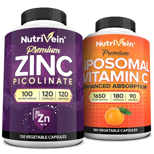 [BRSRACQFO4FAOA3K] Nutrivein Premium Zinc Picolinate & Liposomal Vitamin C Supplement Bundle: High-Absorption Vitamin C Capsules & Zinc Supplements Defense and Vitality Bundle