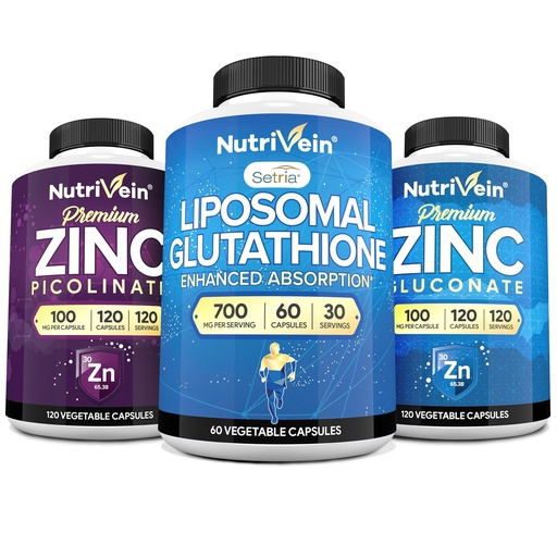 [BRSRACANOF5WYG3L] Nutrivein Premium Zinc Picolinate, Zinc Gluconate, & Liposomal Glutathione Supplement Bundle: Glutathione Liposomal Supplement & Zinc Supplements for Men & Women - Immunity, Digestion, Detox, & Repair