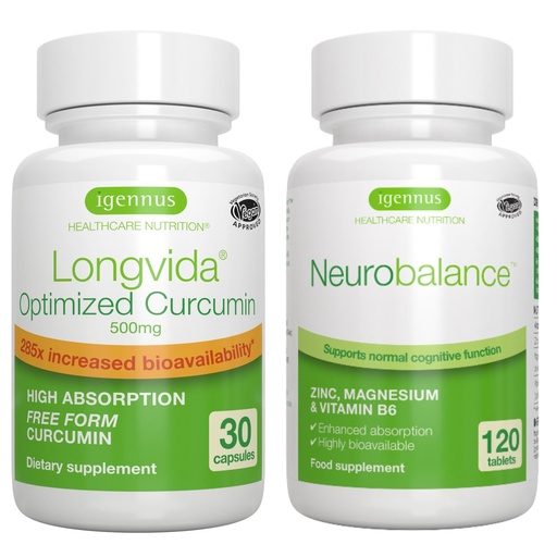 [BRSW2HYCCABBO3TZ] Longvida Curcumin 500mg + Neurobalance High Absorption Zinc Magnesium B6 Vegan Bundle, Ultra Bioavailable Curcumin with Chelated Zinc Picolinate 24mg, Oxide-Free Magnesium, by Igennus