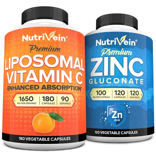 [BRSRACANOIIBOYA7] Nutrivein Premium Liposomal Vitamin C Capsules & Zinc Gluconate Supplements Bundle: High Absorption Zinc Gluconate + Liposomal Vitamin C Supplement Pair for Whole-Body Wellness, Defenses, & Vitality