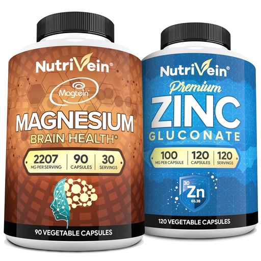 [BRSRACANOZ6RA3Y3] Nutrivein Premium Magnesium L-Threonate & Zinc Gluconate Supplements Bundle: High Absorption Zinc Gluconate + Magnesium Threonate Supplement Pair for Whole-Body Wellness, Defenses, & Balance