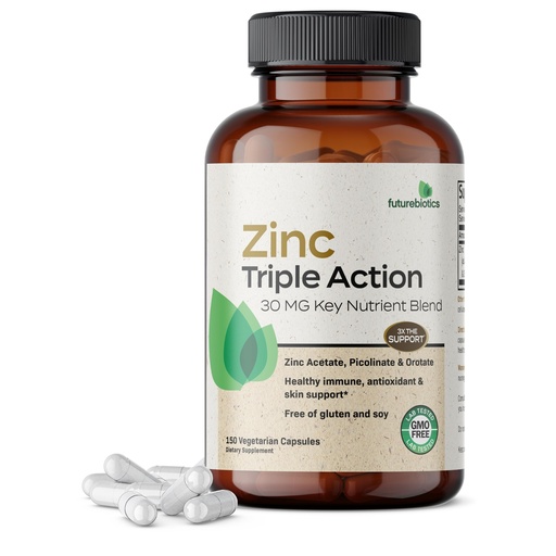 [BRSWY23RDMMGGHIZ] Futurebiotics Zinc Triple Action 30mg Key Nutrient Blend Immune Support Supplement with Zinc Acetate, Picolinate & Orotate - Immune, Antioxidant & Skin Health Support - 150 Vegetarian Capsules