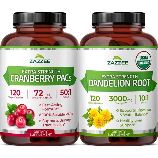 [BRSRGZA6CUDR6DL7] Zazzee Urinary Tract Cleanse & Support Bundle | USDA Organic Dandelion Root Extract Plus Super Concentrated Proanthocyanidin Cranberry Extract Capsules for Women | Non-GMO Vegan & ISO Lab Tested