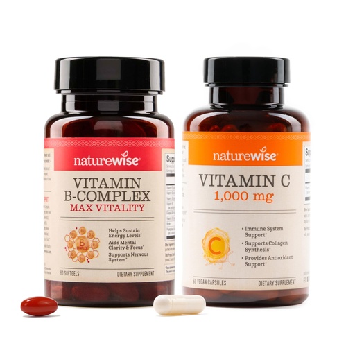 [BRSREYYNB55R42DL] NatureWise B Complex Vitamins with Folic Acid 60 Count + Extra Strength Vitamin C 1000mg Capsules 60 Count - Bundle for Immune, Energy Levels, Heart Health Support - Soy, Dairy, Gluten Free, Non-GMO