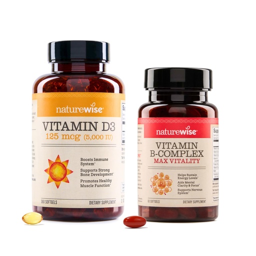 [BRSREYYKOF7A4FAU] NatureWise Vitamin D3 5000IU (125mg) 360 Count + B Complex Vitamins with Folic Acid 60 Count - Bundle for Immune, Energy, Heart Health Support - Gluten Free, Non-GMO, Halal Gelatin