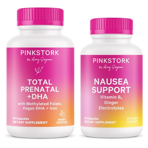 [BRSREEAQA4FB6DT6] Pink Stork First Trimester Essentials Supplement Bundle - Total Prenatal Vitamin + DHA and B6, Ginger, Electrolyte Capsule for Morning Sickness, Pregnancy Must Have