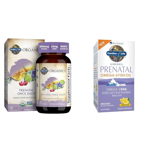 [BRSRAZYRDECAKE3B] Garden of Life Organics Prenatal Vitamin Folate Energy Healthy Fetal Development Bundle with Minami Natural Prenatal DHA Omega 3 Fish Oil