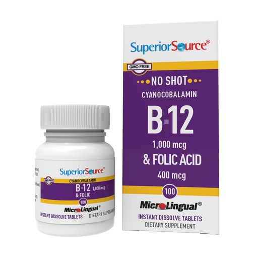 [BRSWIZQRO4PBQ2I3] Superior Source No Shot Vitamin B-12 Cyanocobalamin 1000 mcg & Folic Acid 400 mcg - Offers Energy, Heart, Brain, & Stress Support - 100 Sublingual Dissolving Tablets