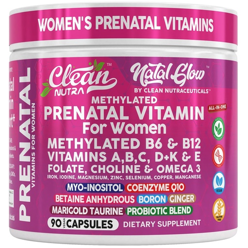 [BRSREAARAUIWC3A6] Natal Glow Methylated Prenatal Vitamins for Women Folate Omega 3 Vitamins A B12 C D3 E K2 Iron Riboflavin Biotin Choline Calcium Iodine Magnesium Zinc Selenium Copper Manganese by Clean Nutra