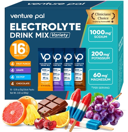 [BRSREBAFBUBBEE3B] Venture Pal High Sodium Electrolyte Powder Packets | Sugar Free Hydration Drink Mix with Sodium, Potassium, Magnesium & Vitamins | Zero Calorie | Keto, Vegan & Paleo Friendly | 16 Sticks