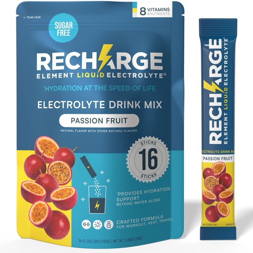 [BRSREHQTBYDQGALZ] Recharge Element Liquid Electrolyte®Hydration Boost Formula Passion Fruit Electrolyte Powder Packets | Sugar Free, Keto Friendly Drink Mix for Rapid Rehydration, Sports Recovery & Travel (16 Servings)