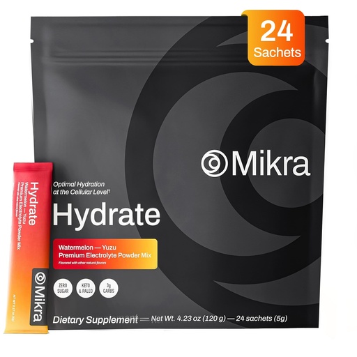 [BRSREGAZDF7WMCD7] Mikra Hydrate Electrolytes Powder Packets, Sugar Free Hydration Powder Sticks, Naturally Flavored Electrolyte Drink Mix for Needed Hydration Support, Daily Wellness & Workout, Watermelon Yuzu, 24 Pack