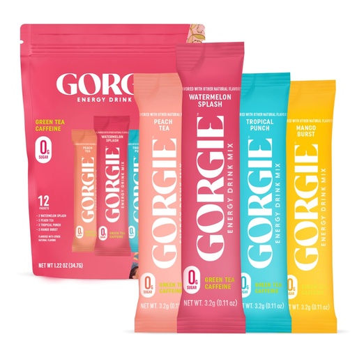 [BRSRAA3YBZ6BQEYU] GORGIE Energy Drink Mix, Sugar-Free, 150mg Green Tea Caffeine Powder Packets, L-Theanine, Loaded Tea, Biotin, B Vitamins (B6, B12) - Vegan, Low Calorie, Variety Pack, 12 Sticks.