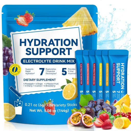 [BRSRGGL7DMIWKCDH] Electrolytes Powder Packets, Hydration Powder Drink Mix - 7 Essential Electrolytes, 5 Vitamins for Hydration & Nutrients Replenishment, Vitality Support, Sugar Free - 24 Packets/6 Flavors