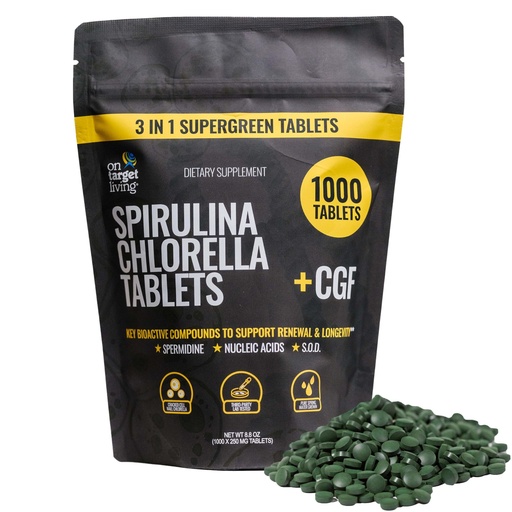 [BRSWGEABCEBA2EQV] On Target Living Spirulina Chlorella + CGF | 1000 Supergreen Tablets | Vegan | Immune Support | High in Protein | Alkalyzing | Nutrient Dense | Energy | Recovery