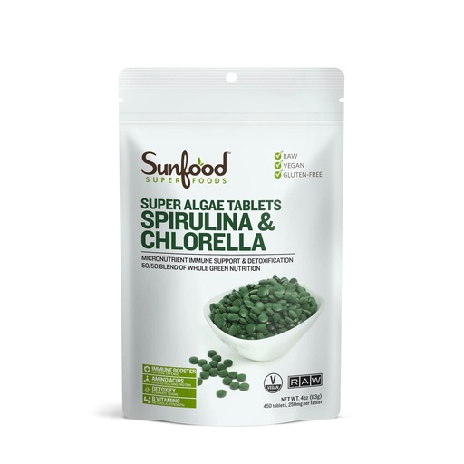 [BRSWKEAOBZ5GO3LG] Sunfood Superfoods Chlorella Spirulina Tablets - Spirulina and Chlorella Green Algae Tablets for Women & Men, Source of Chlorophyll, B Vitamins, and Protein, Broken Cell Wall, Vegan - 4 oz Bag