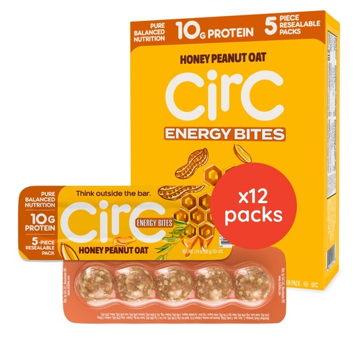 [BRSRAEI3AVYAI2QY] CirC Energy Bites - 12 Pack Honey Peanut Oat Gluten Free Protein Balls - 10g Protein, Whole Grains, Nuts & Fruit - Portable Healthy Snacks for Adults & Kids, 5 Piece Resealable Packs