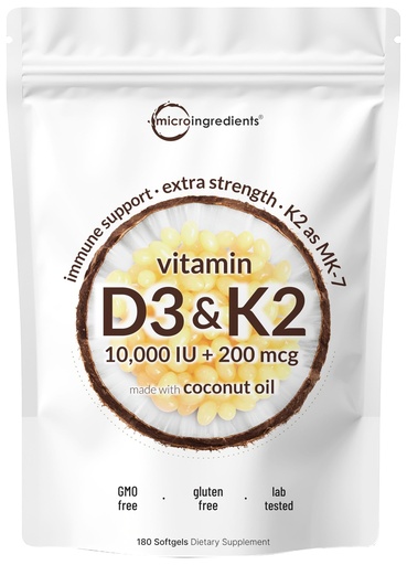[BRSRAYA2CEHBA3Q3] Micro Ingredients Vitamin D3 10,000 IU + K2 MK-7 200 mcg, 180 Softgels with Virgin Coconut Oil | 2-in-1 Vitamins D & K Complex | Extra Strength, Easy to Swallow, Non-GMO, Gluten Free