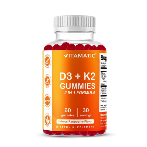 [BRSW2HQYO4PBOC3B] Vitamatic Vitamin D3 + K2 Gummies – 60 Count | Supports Bone, Heart & Immune Health – Promotes Calcium Absorption – Plant-Based, Non-GMO, Gluten-Free