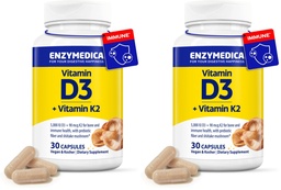 Enzymedica Vitamin D3 K2, 5000 IU Vegan D3 + 90 mcg MK-7, Plant-Based Supplement with Shiitake Mushroom & Prebiotic Fiber for Bone & Immune Support, 30 Capsules (Pack of 2)