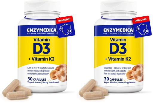 [BRSRGFICCACWEADO] Enzymedica Vitamin D3 K2, 5000 IU Vegan D3 + 90 mcg MK-7, Plant-Based Supplement with Shiitake Mushroom & Prebiotic Fiber for Bone & Immune Support, 30 Capsules (Pack of 2)