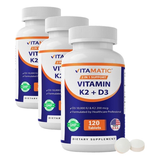 [BRSRGGQZAEFWA23O] Vitamatic Vitamin D3 K2 Supplements with 10,000 IU Vitamin D + 200mcg Vitamin K MK-7, 120 Tablets Bone, Heart, Immune, & Calcium Support (Pack of 3)