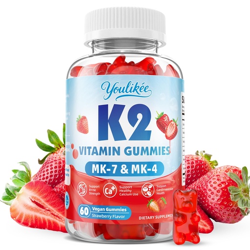 [BRSRGZYQPMIQKCLJ] Vitamin K2 Gummies, Dual Formula Vitamin K2 Supplement with MK-7 & MK-4, Supports Bone Health, Gluten-Free, Sugar-Free, Non-GMO, Strawberry Flavor, 60 Gummies