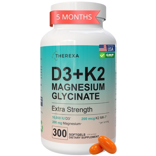 [BRSRGFD3O4GRS2DD] Vitamin D3 K2 Magnesium Supplement - Extra Strength with 10000 IU Vitamin D3, Magnesium Glycinate and 200 mcg K2 MK-7 Vitamin Supplements Complex, for Women & Men - 300 Softgels