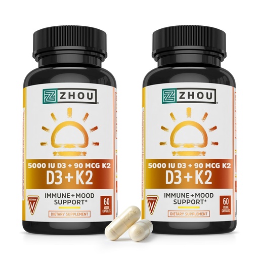 [BRSREFIEOUNAK3TL] ZHOU D3+K2 - Vitamin D3 K2 Supplement for Women & Men, Immune Support VIT D3 and K2 Supplements, Pure Vegetarian Formula with 5000 IU of VIT D and MK-7-60 Veggie Capsules (Pack of 2)