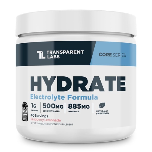 [BRSREEL7DEIQO33Z] Transparent Labs Hydrate Sugar Free Electrolytes Powder - Hydration Powder Electrolytes with Coconut Water, Calcium, Taurine, & Potassium - 40 Servings, Raspberry Lemonade
