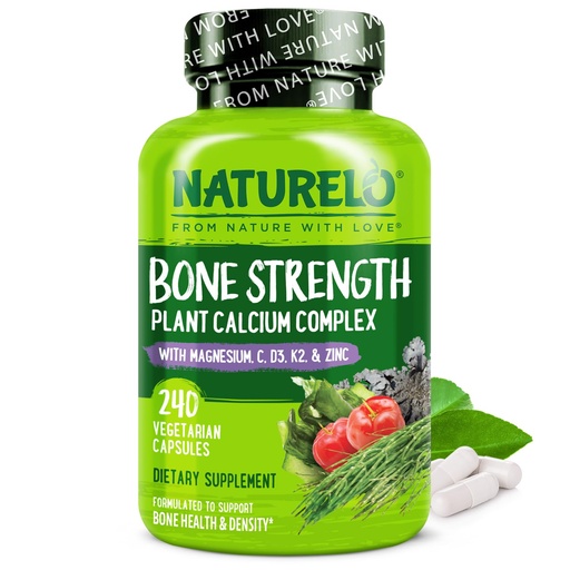 [BRSW2BQKBMBQ2ELP] NATURELO Calcium Supplement - with Vitamin C, Vitamin D3, K2, and Calcium Magnesium Zinc for Bone Strength with Calcium 600mg - Plant-Based, 240 Vegetarian Capsules, Non-GMO, Soy & Gluten-Free