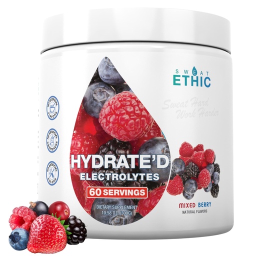 [BRSRACQ6BV6R63L6] Sweat Ethic Hydrate’D Electrolytes, Electrolyte Powder with Potassium Magnesium & Vitamin C, Easy Mix Powder for Hydration & Performance Support, Natural Ingredients, Mixed Berry Flavor, 60 Servings