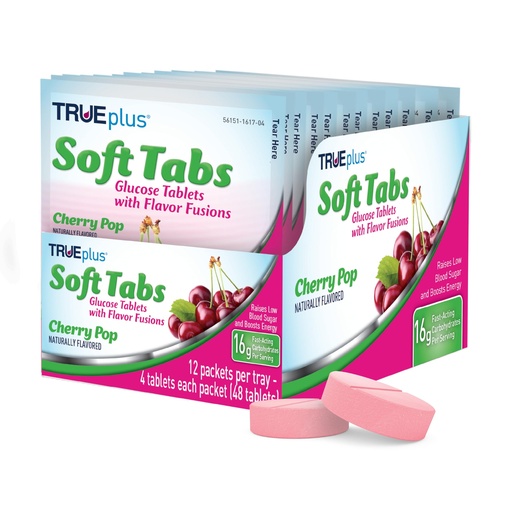 [BRSWGFI3A4ARSF3H] TRUEplus Soft Tabs Glucose Tablets, Chewable, Cherry Pop Flavor, 16g Fast-Acting Carbohydrates, Fat Free, Gluten Free, Boost Energy, 4 Count, 12 Packs
