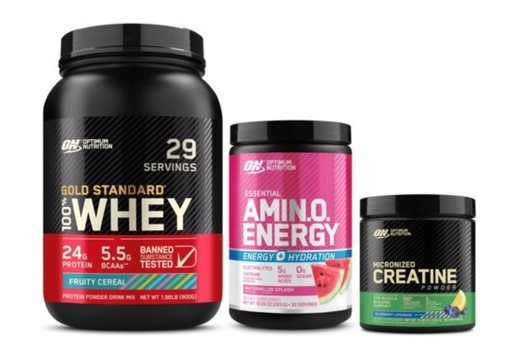 [BRSRABQ6CMPAYH32] Optimum Nutrition Performance Nutrition Bundle: Amino Energy Plus Hydration Watermelon Smash (30 Serv), Creatine Monohydrate Blueberry Lemonade (60 Serv), & Gold Standard Whey Fruity Cereal (29 Serv)