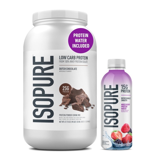 [BRSRGFQ3PMMAAYDZ] Isopure Low Carb 100% Pure Whey Isolate Dutch Chocolate Protein Powder 3 Lbs + 1 Bottle of Clear Protein Water with Electrolytes, 15g Whey Protein Isolate, Zero Sugar, Mixed Berry, 20 fl oz Bottle